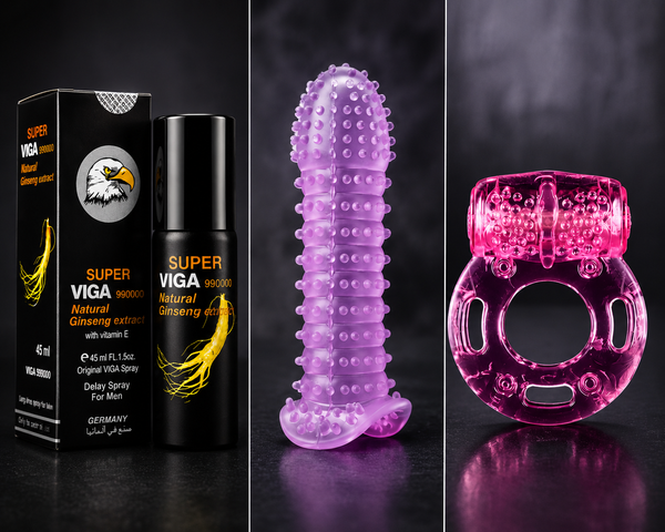 Ultimate Men's Performance Combo | Viga 90000 Delay Spray Vibrating Ring Washable Condom